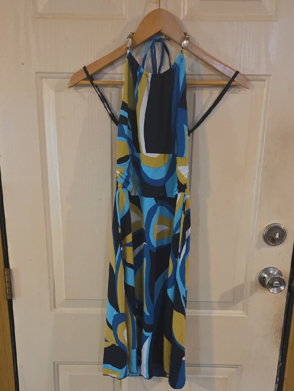 Wet Seal Blue & Mustard Halter Print Dress